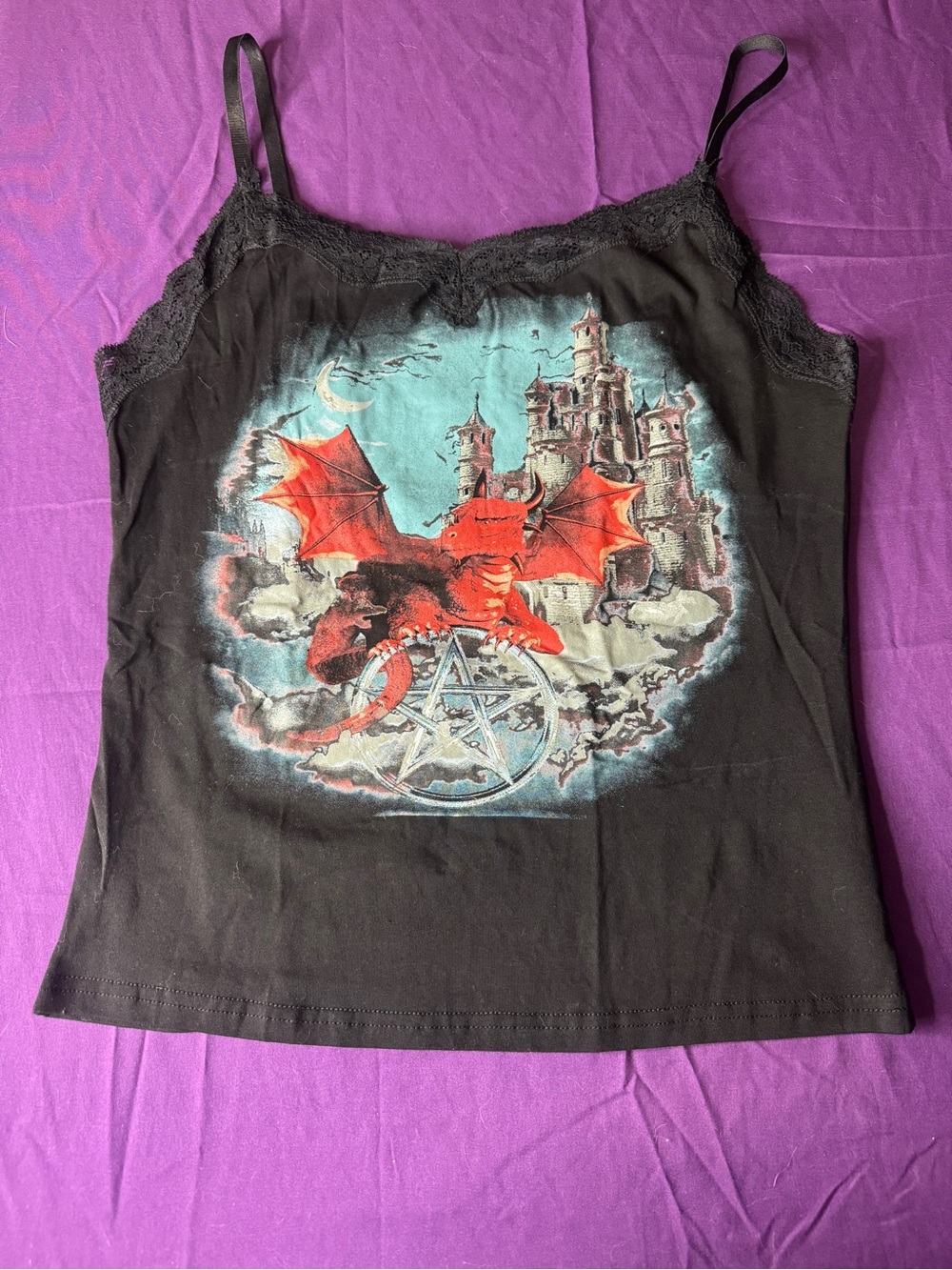 Dolls Kill Black Lace-Trim Cami with Red Dragon Graphic